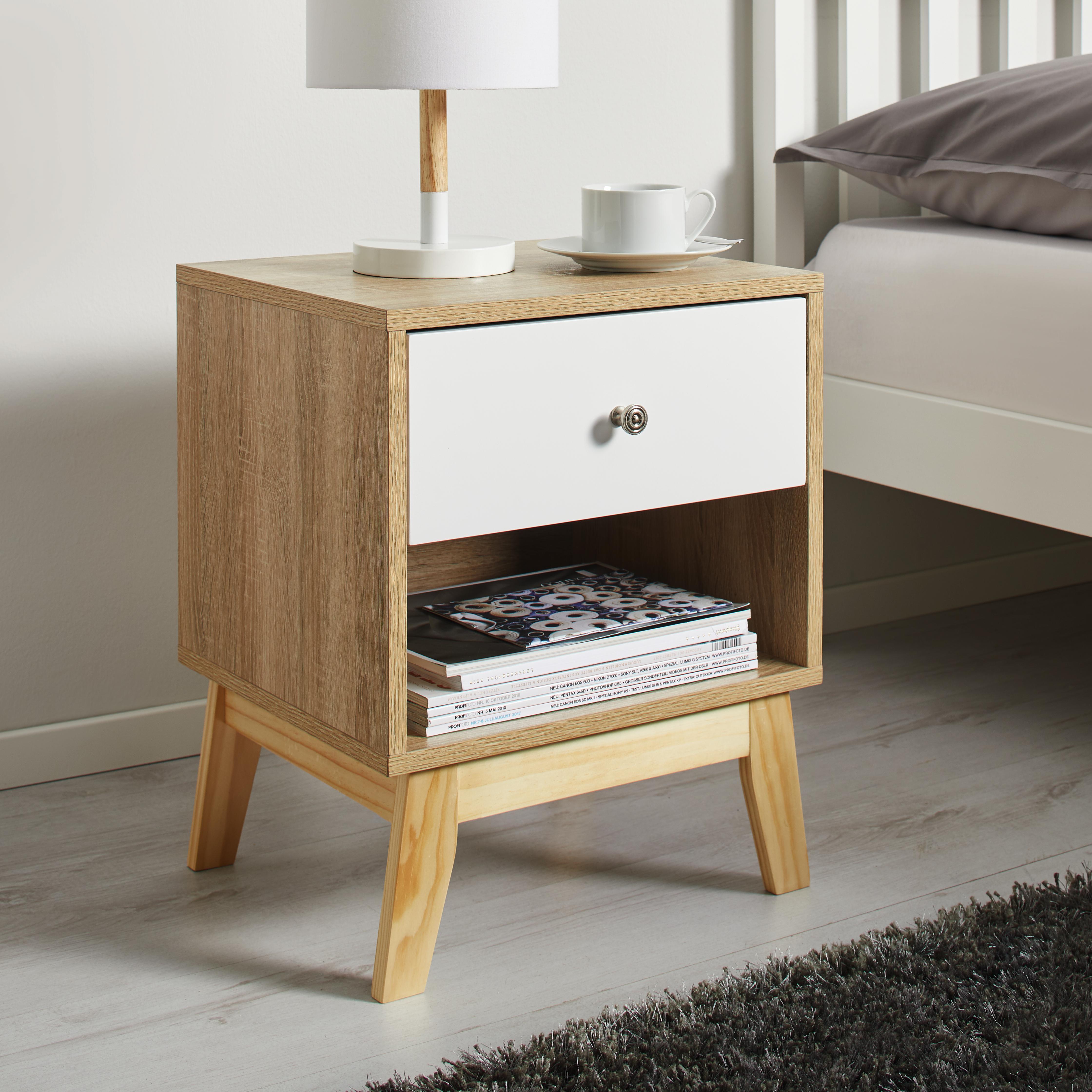 Nachtkästchen in Weiß/ Pinienfarben 'Enny' - Weiß/Pinienfarben, MODERN, Holz/Metall (40/50/35cm) - Bessagi Home