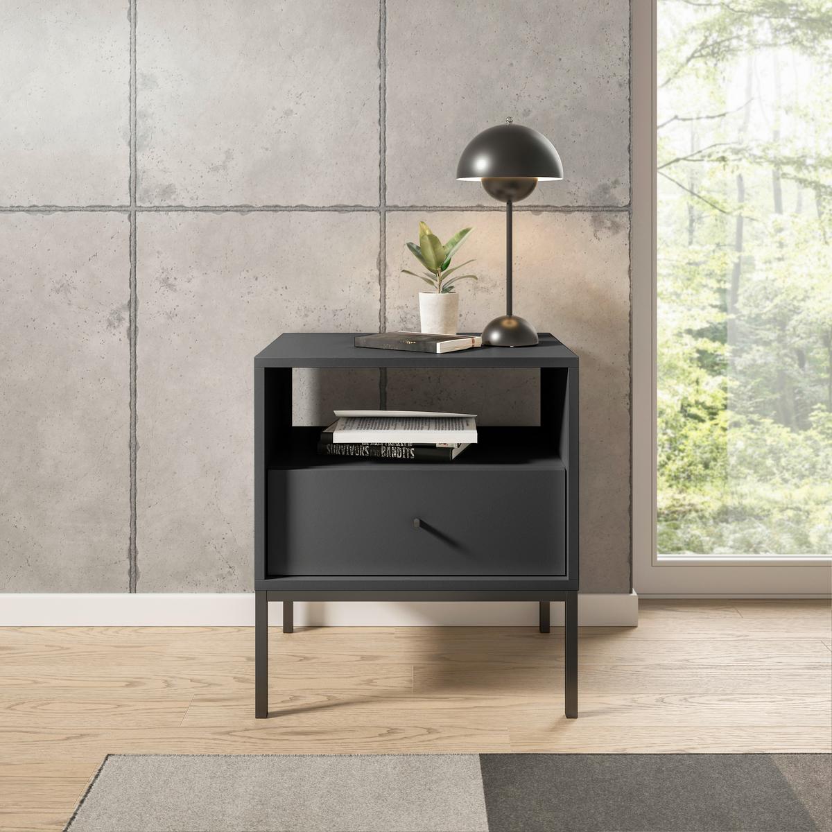 SZAFKA NOCNA INES - czarny/kolor grafitowy, Modern, materiał drewnopochodny/metal (54/56/39cm) - MID.YOU