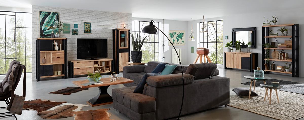 Vitrina Construction - črna/naravne barve, Trendi, kovina/steklo (60/180/40cm) - Zandiara