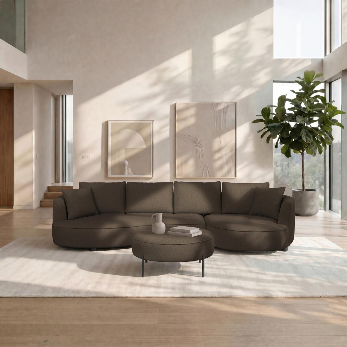 Wohnlandschaft Nilas Braun Chenille mit Hocker - Schwarz/Braun, MODERN, Holz/Textil (322/154cm) - Bessagi Home