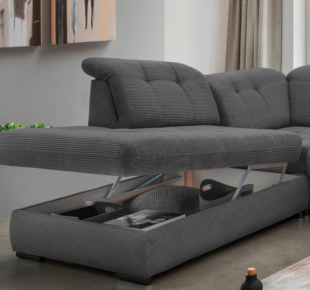 Wohnlandschaft Rigatti Grau Cord mit Bettkasten - Schwarz/Grau, MODERN, Textil/Metall (252/387/184cm) - Livetastic