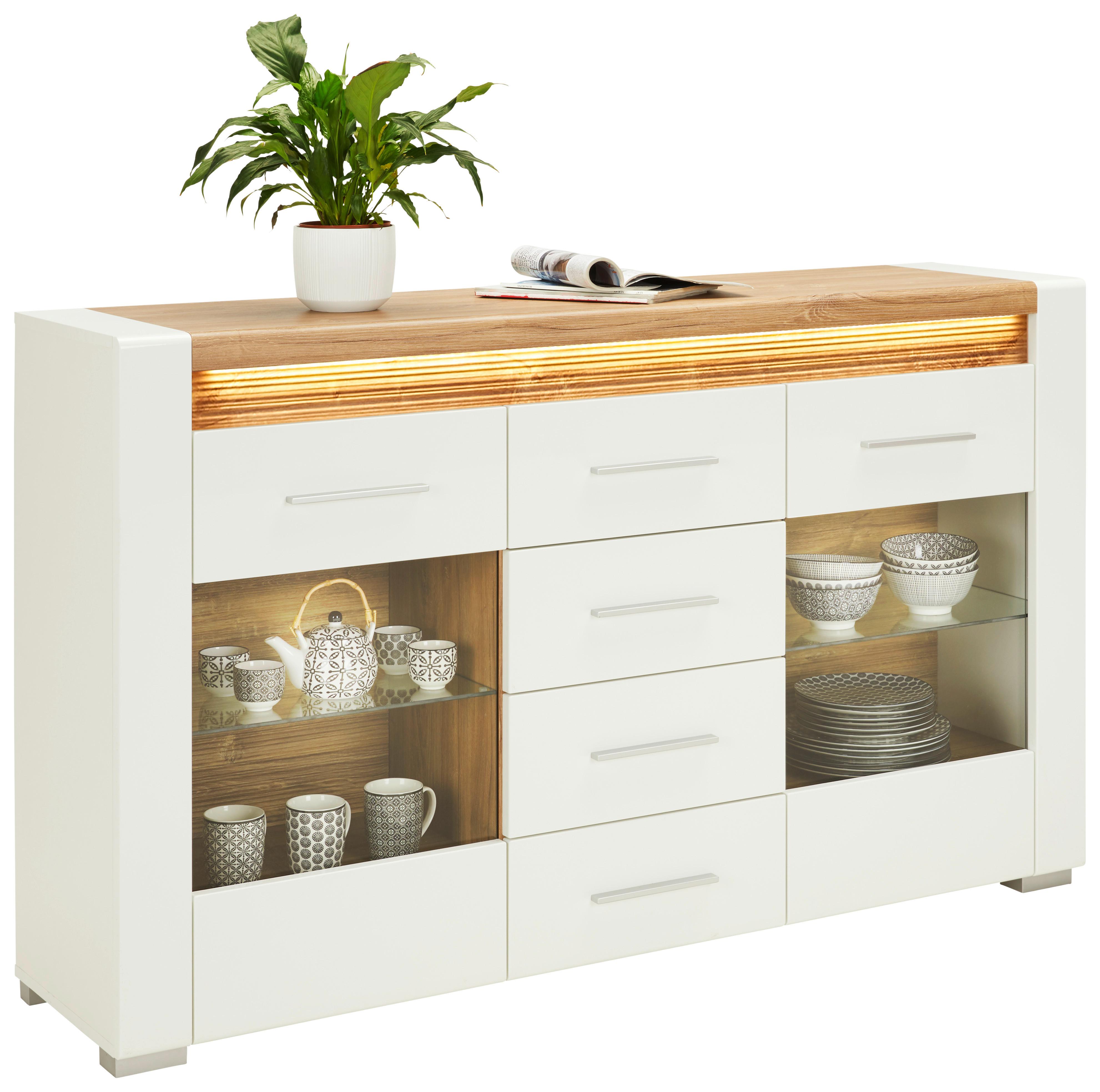 Servantă LEONARDO - alb/culoare lemn stejar, Modern, sticlă/material pe bază de lemn (160/96/40cm) - Modern Living