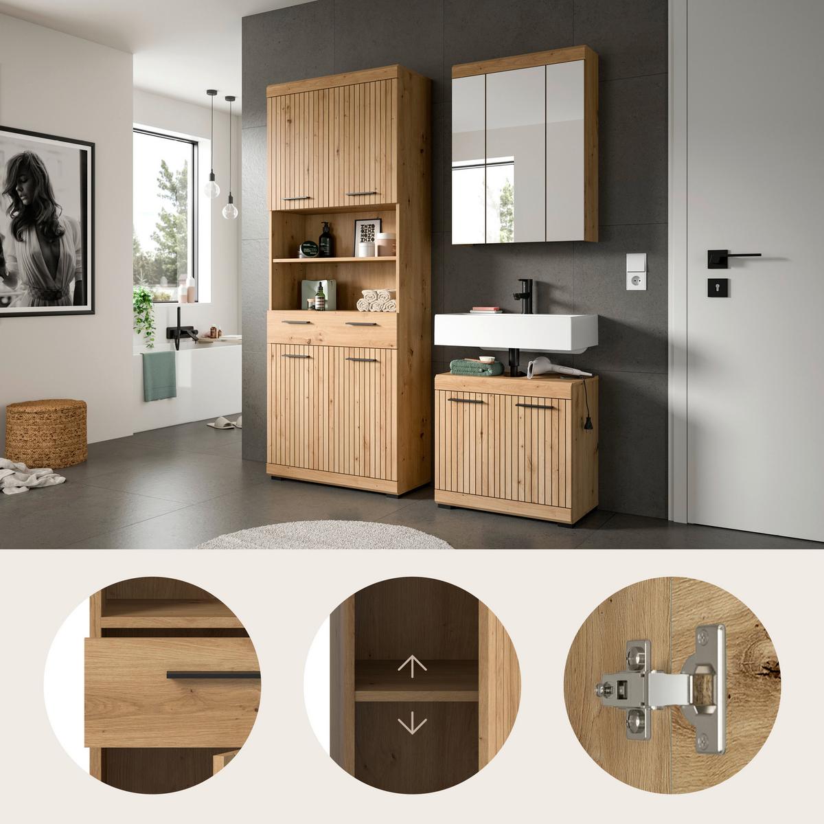 Badezimmer Scout Eiche Artisan 3-teilig - Schwarz/Eiche Artisan, Trend, Glas/Holzwerkstoff (134cm) - MID.YOU