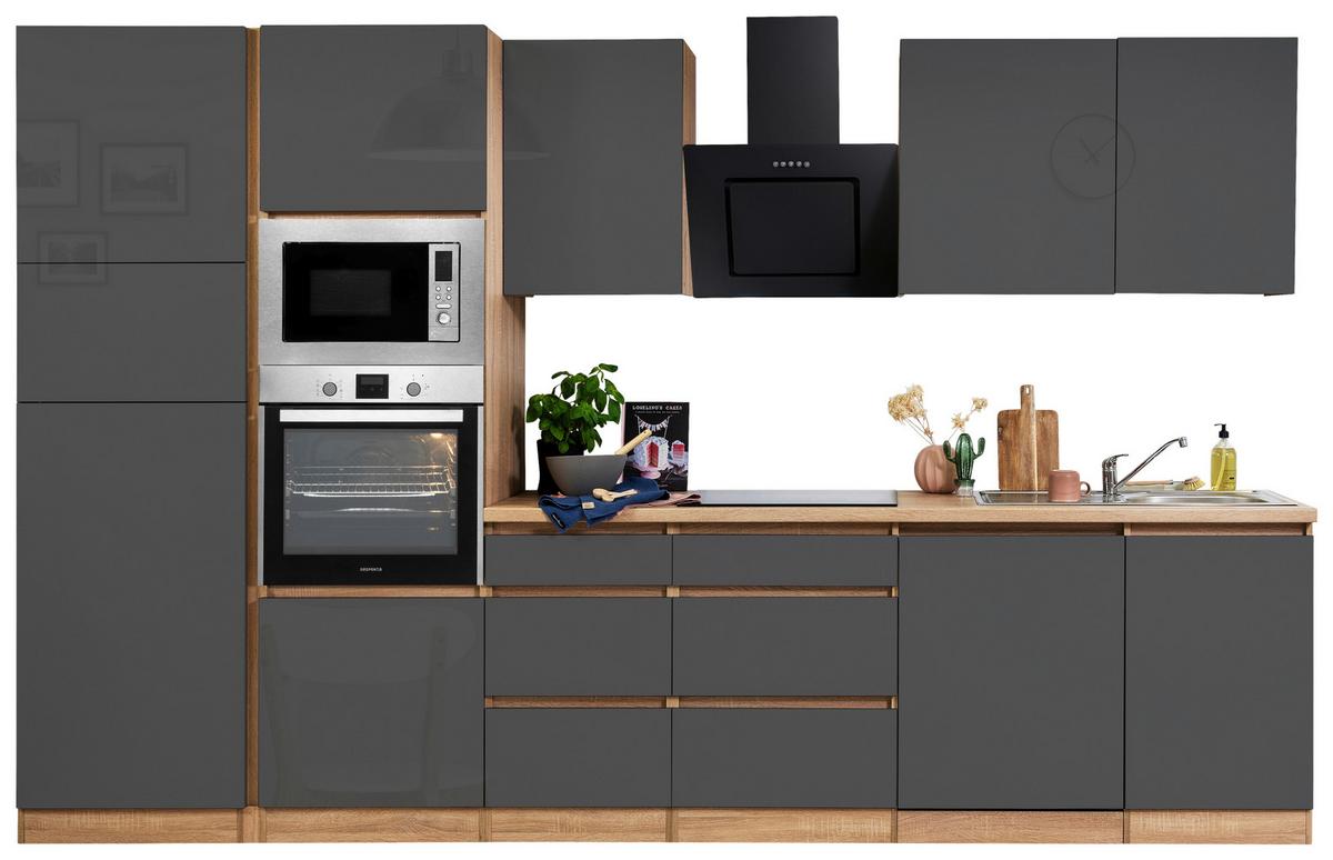 Küchenblock Lorena mit Geräten ca. 345 cm Grau Hochglanz - Grau Hochglanz/Eichefarben, Basics, Holzwerkstoff (345cm) - Respekta