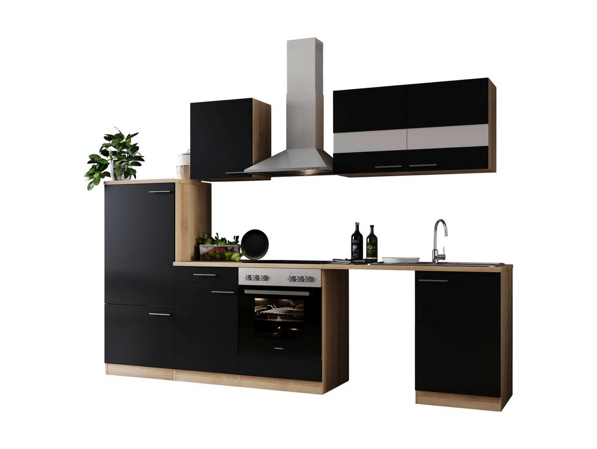 Küchenblock Merle m. Geräten Schwarz - Edelstahlfarben/Eichefarben, Basics, Glas/Holzwerkstoff (280cm) - Respekta