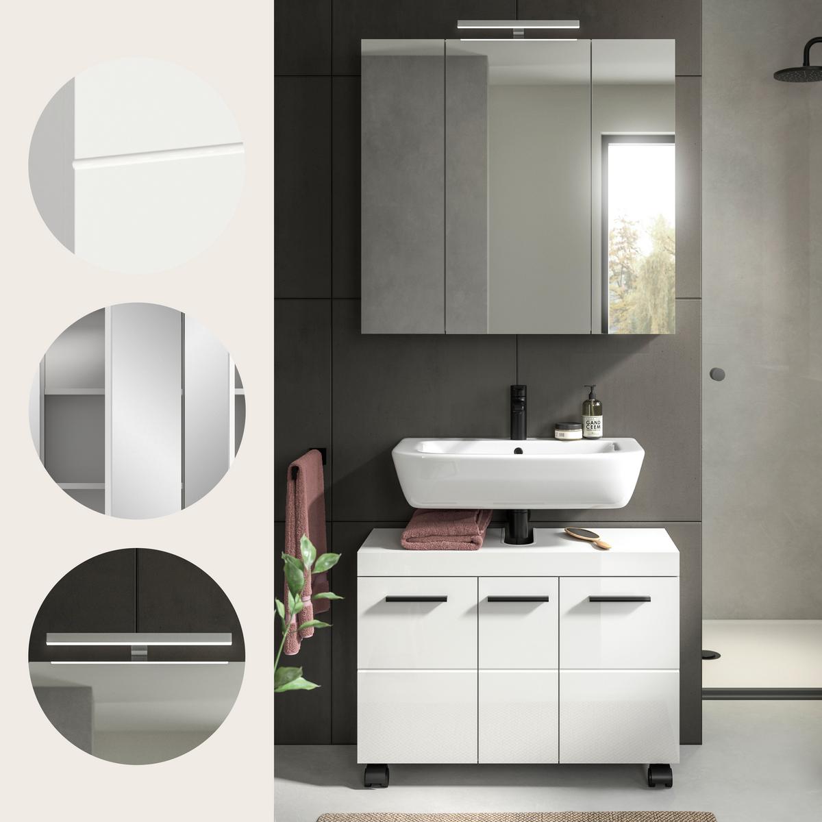 Badezimmer NOVA Weiß, Weiß Hochglanz 2-teilig - Weiß Hochglanz/Schwarz, Trend, Glas/Holzwerkstoff (82cm) - MID.YOU