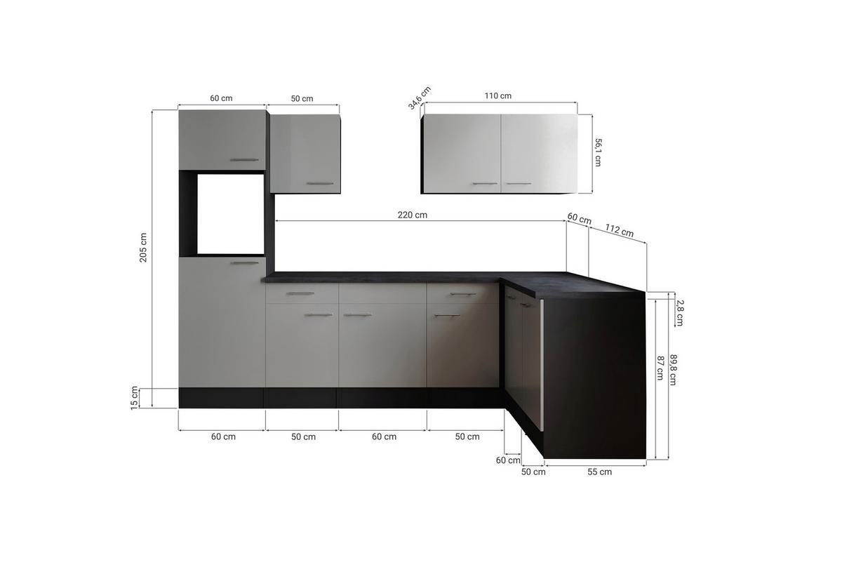 Kotna Kuhinja Brez Aparatov Oliver, 280x172cm - srebrne barve/siva, Design, kovina/leseni material (280/172cm) - Respekta