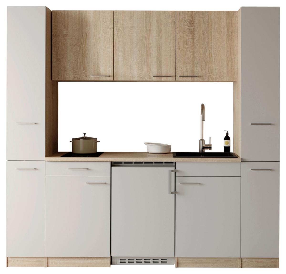 Küchenblock Ingrid m. Geräten Weiß - Eichefarben/Alufarben, Design, Holzwerkstoff/Kunststoff (210cm) - Respekta