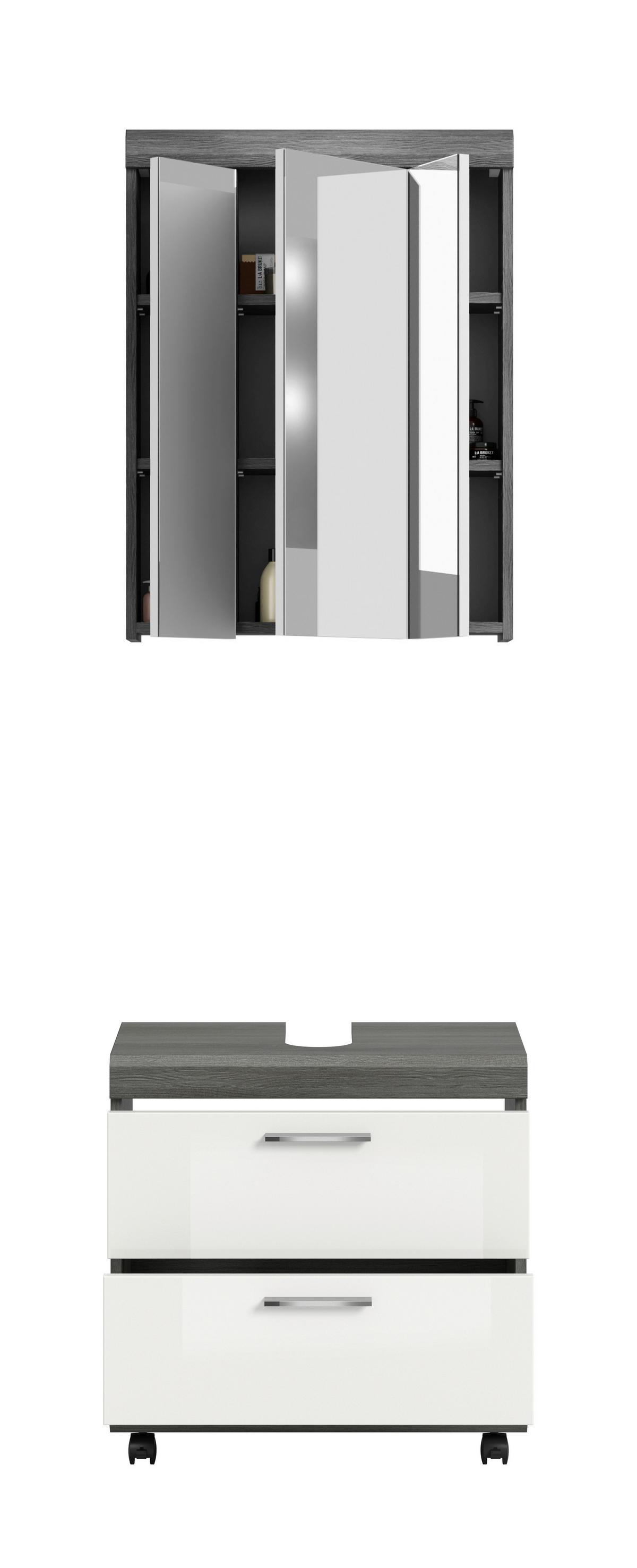 Badezimmer Scout Grau/Weiß Hochglanz 2-teilig - Weiß Hochglanz/Silberfarben, Trend, Glas/Holzwerkstoff (60cm) - MID.YOU
