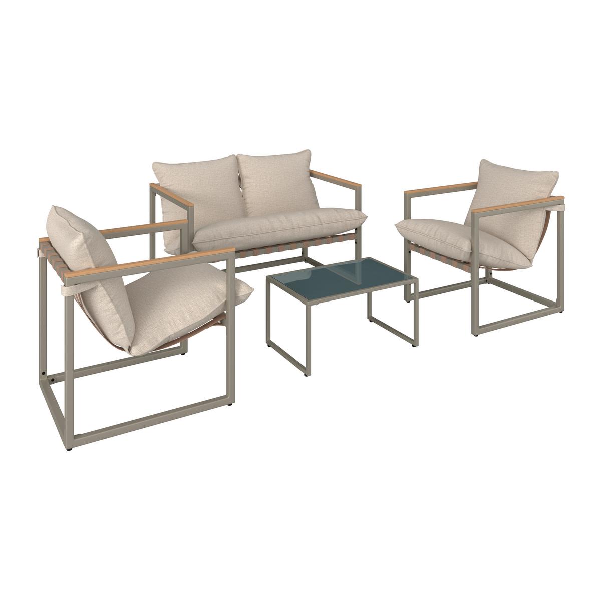 Loungegarnitur Lara Creme Metall/Outdoorstoff +Abdeckung - Creme/Grau, MODERN, Glas/Kunststoff (114cm) - Bessagi Garden