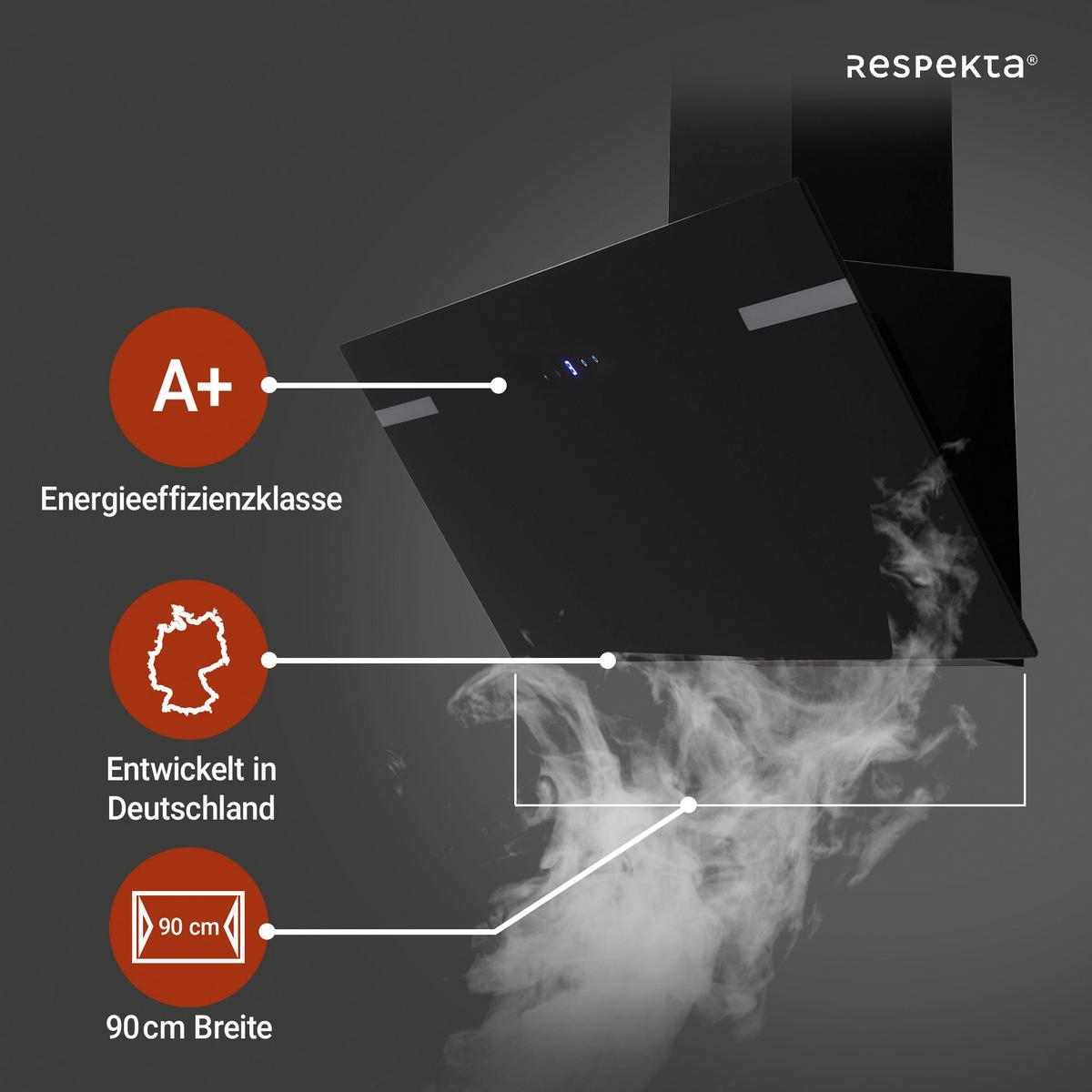 Dunstabzugshaube RESPEKTA SOLEA 90 CM - Schwarz, Trend, Glas/Metall (90/76,4-114,4/38,2cm) - Respekta