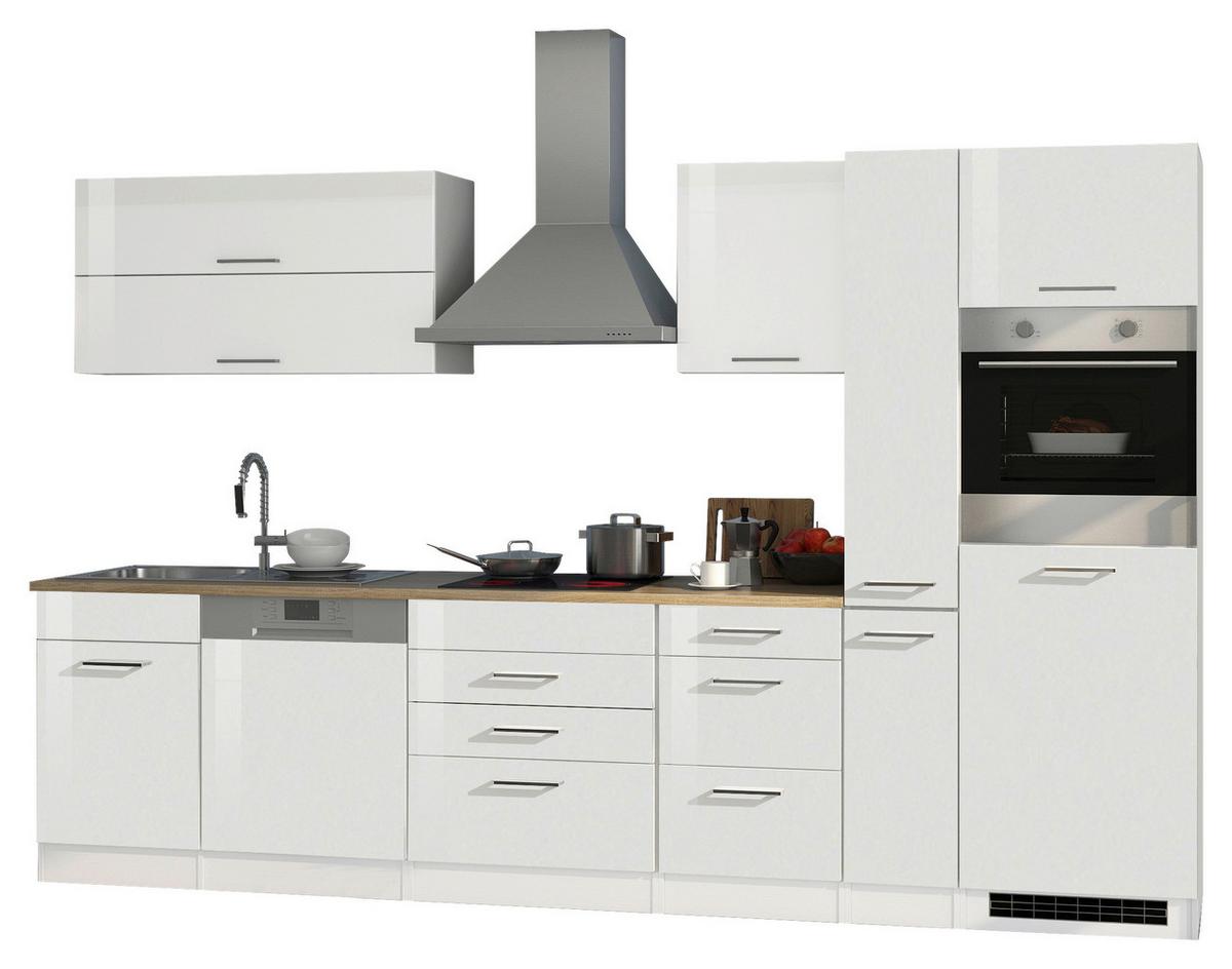 Küchenblock Mailand m. Geräten Weiß Hochglanz - Weiß Hochglanz/Silberfarben, MODERN, Holzwerkstoff/Metall (330cm) - Held