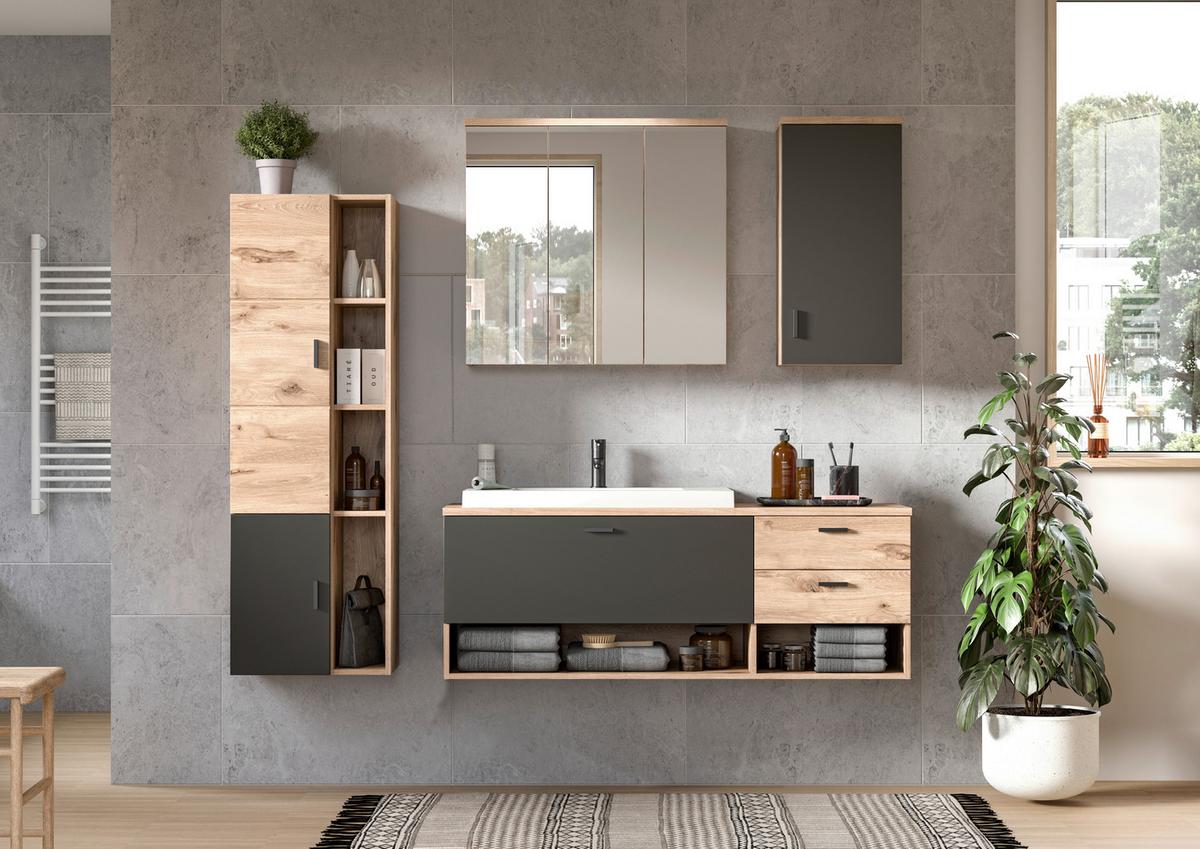 Badezimmer Grado 5-tlg. ca. 182 cm Eiche Grau - Weiß Hochglanz/Schwarz, MODERN, Glas/Holzwerkstoff (182cm) - MID.YOU