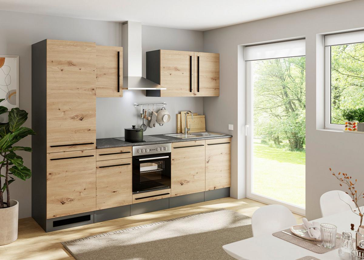 Küchenblock Jazz mit Geräten ca.280cm Eiche/Anthrazit - Anthrazit/Schwarz, LIFESTYLE, Holzwerkstoff/Kunststoff (280cm) - P & B