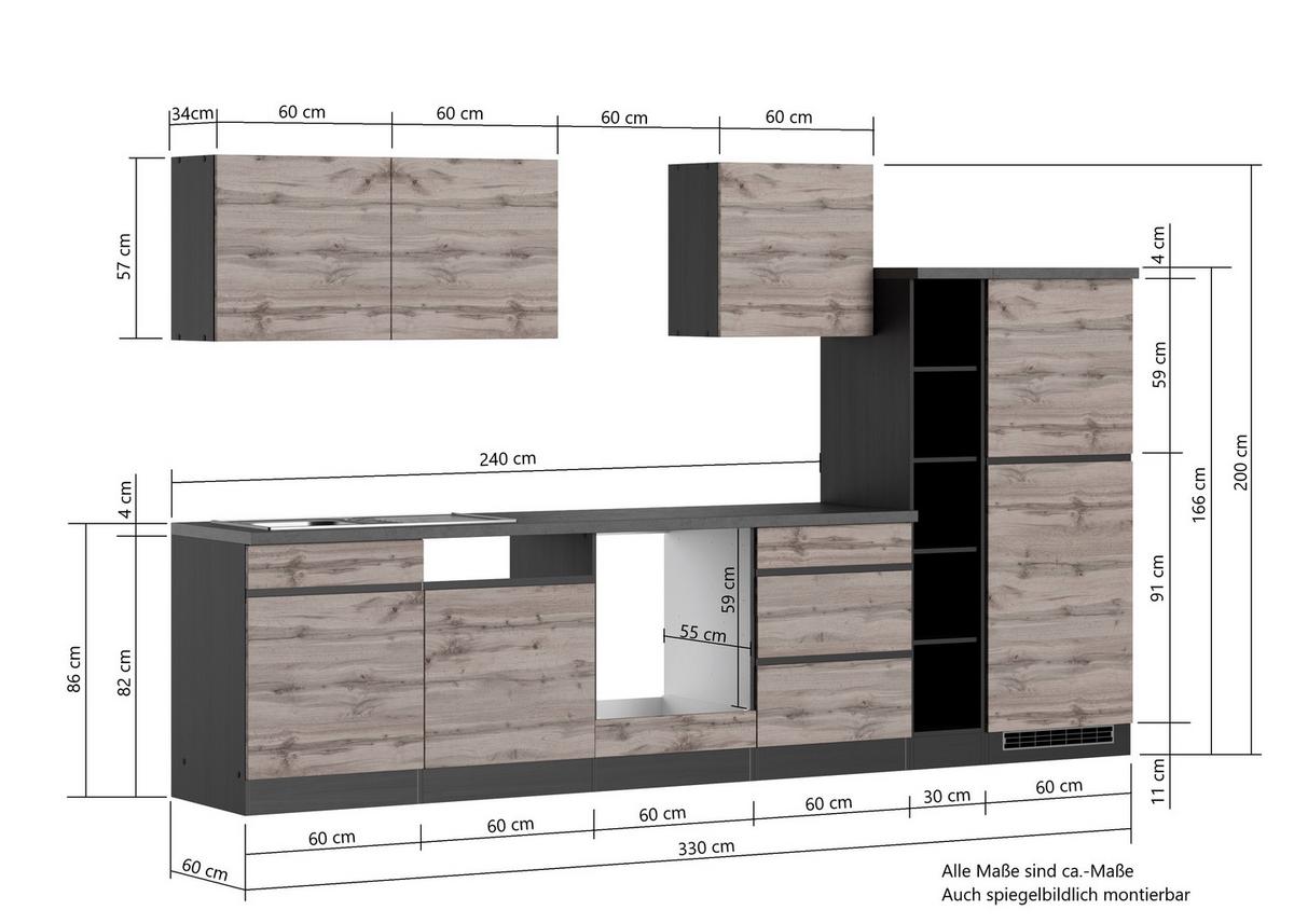 Küchenblock Turin ohne Geräte ca. 330 cm Grau/Eiche - Eiche Wotan/Grau, Design, Holzwerkstoff (330cm) - Held