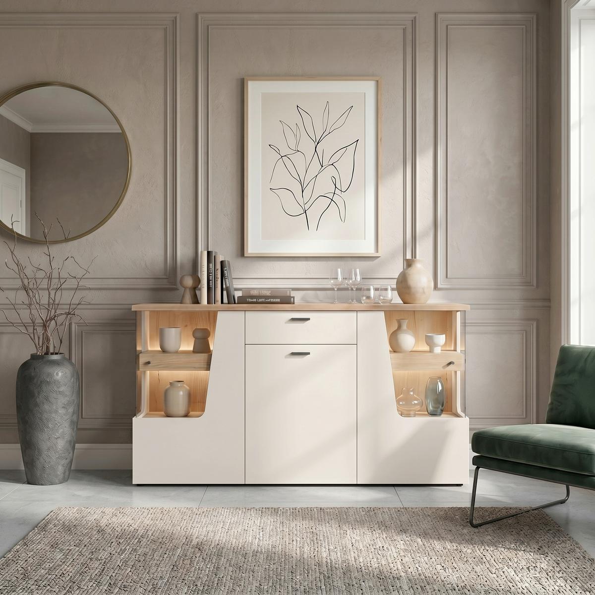 Comodă Cut Out - cașmir/culoare lemn stejar, Modern, sticlă/material pe bază de lemn (165/90/40cm) - Premium Living