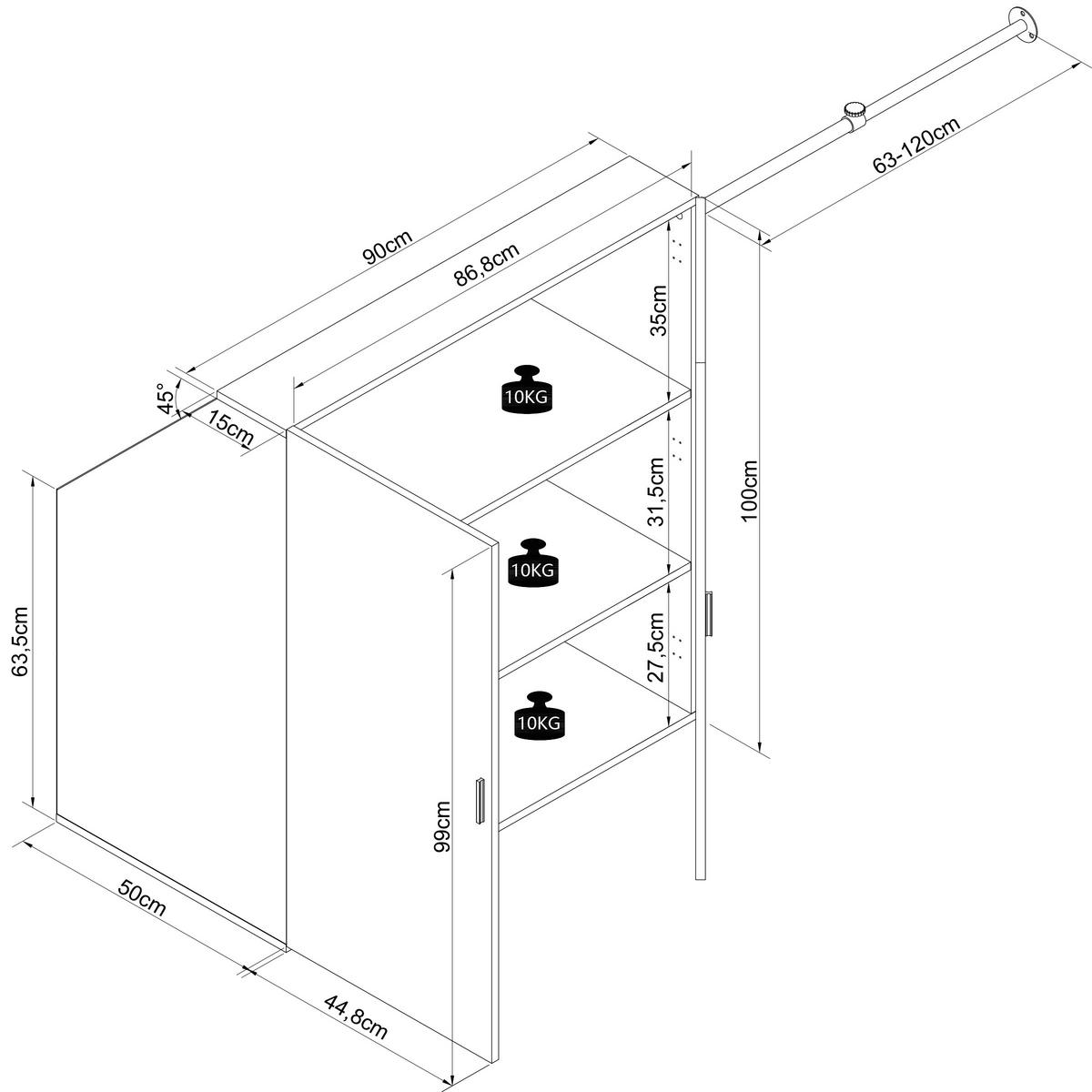 Kombischrank Dacho "l" - Weiss/Silberfarben, Modern, Holzwerkstoff/Metall (90/100/52cm) - Livetastic