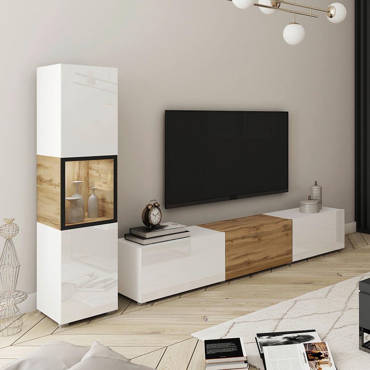 Wohnwand Berlin Eiche Wotan/Weiß - Eiche Wotan/Weiß, Design, Glas/Holzwerkstoff (210/130/32,5cm) - P & B