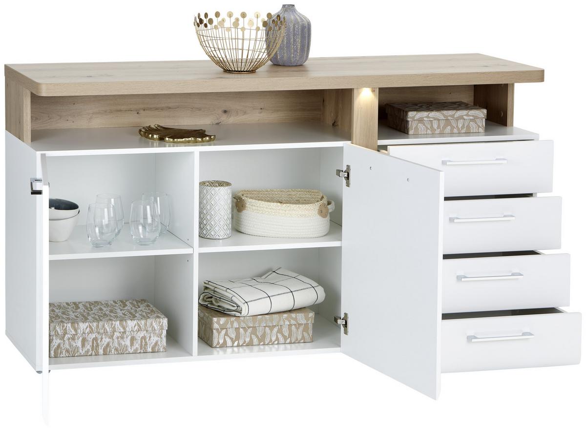 Comodă cu uși VIOLA - alb/culoare lemn stejar, Modern, plastic/metal (163,2/85,9/43,2cm) - Premium Living