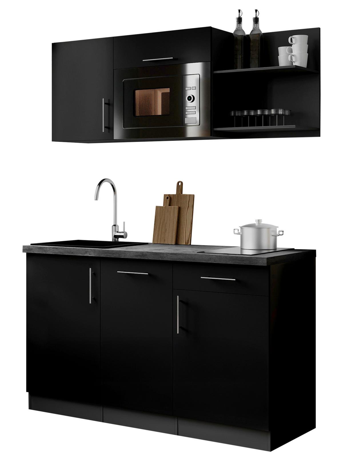 Miniküche Oliver m. Geräten ca. 145cm Schwarz - Schwarz/Grau, Trend, Holzwerkstoff/Metall (145cm) - Respekta
