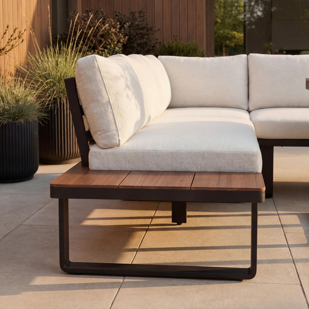Dining-Loungeset Gianna Holz Outdoorstoff/Metall +Abdeckung - Creme/Schwarz, MODERN, Holz/Textil (221/71/76cm) - Bessagi Garden