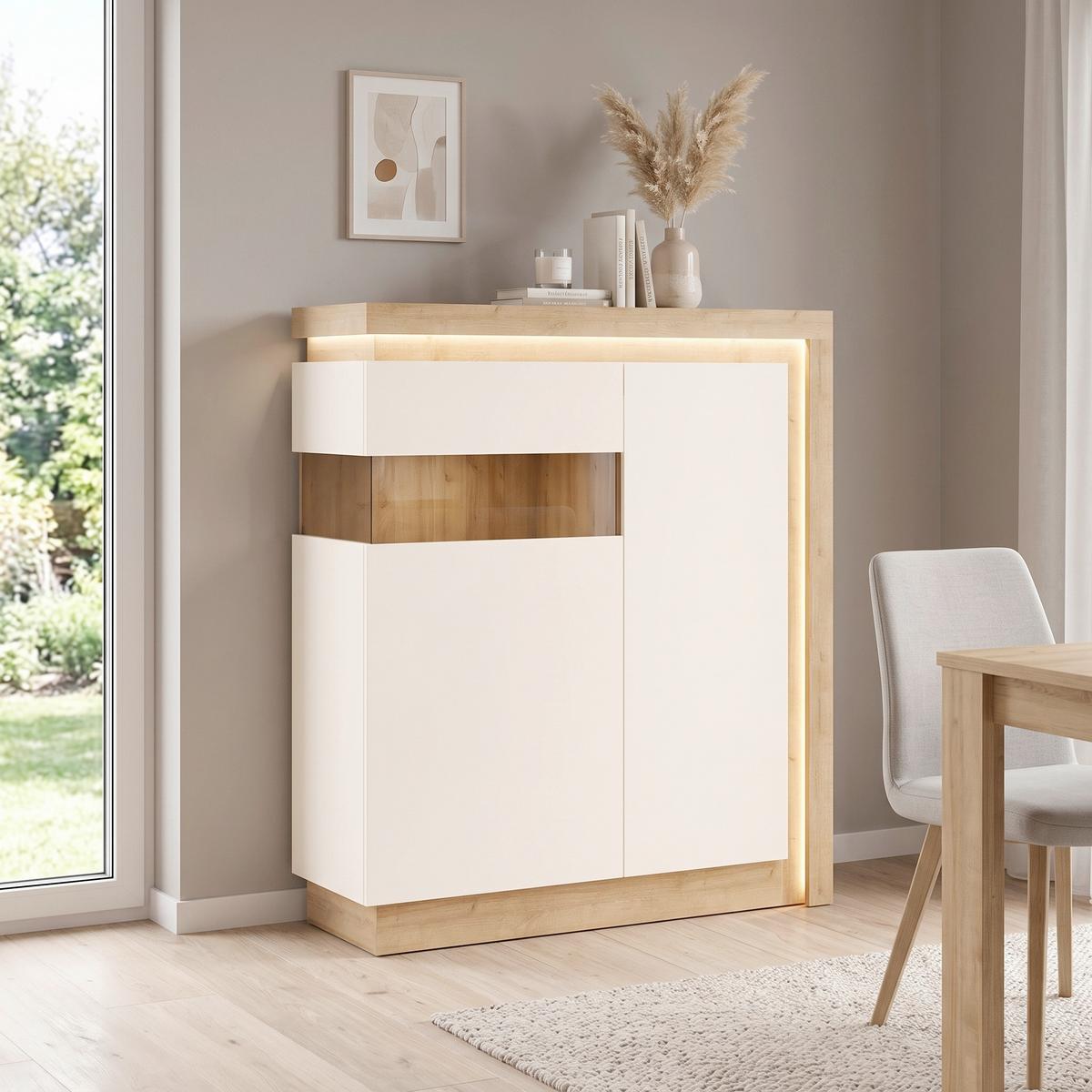Komoda Lyon Hell - boje hrasta/bijela visoki sjaj, Trend, staklo/drvni materijal (107,5/123,6/42cm) - Modern Living