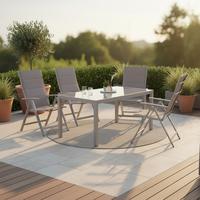 Gartenmöbel Set 5-tlg. Taviano Metall/Glas/Textil - Silberfarben/Braun, ROMANTIK / LANDHAUS, Glas/Textil - Gardenson