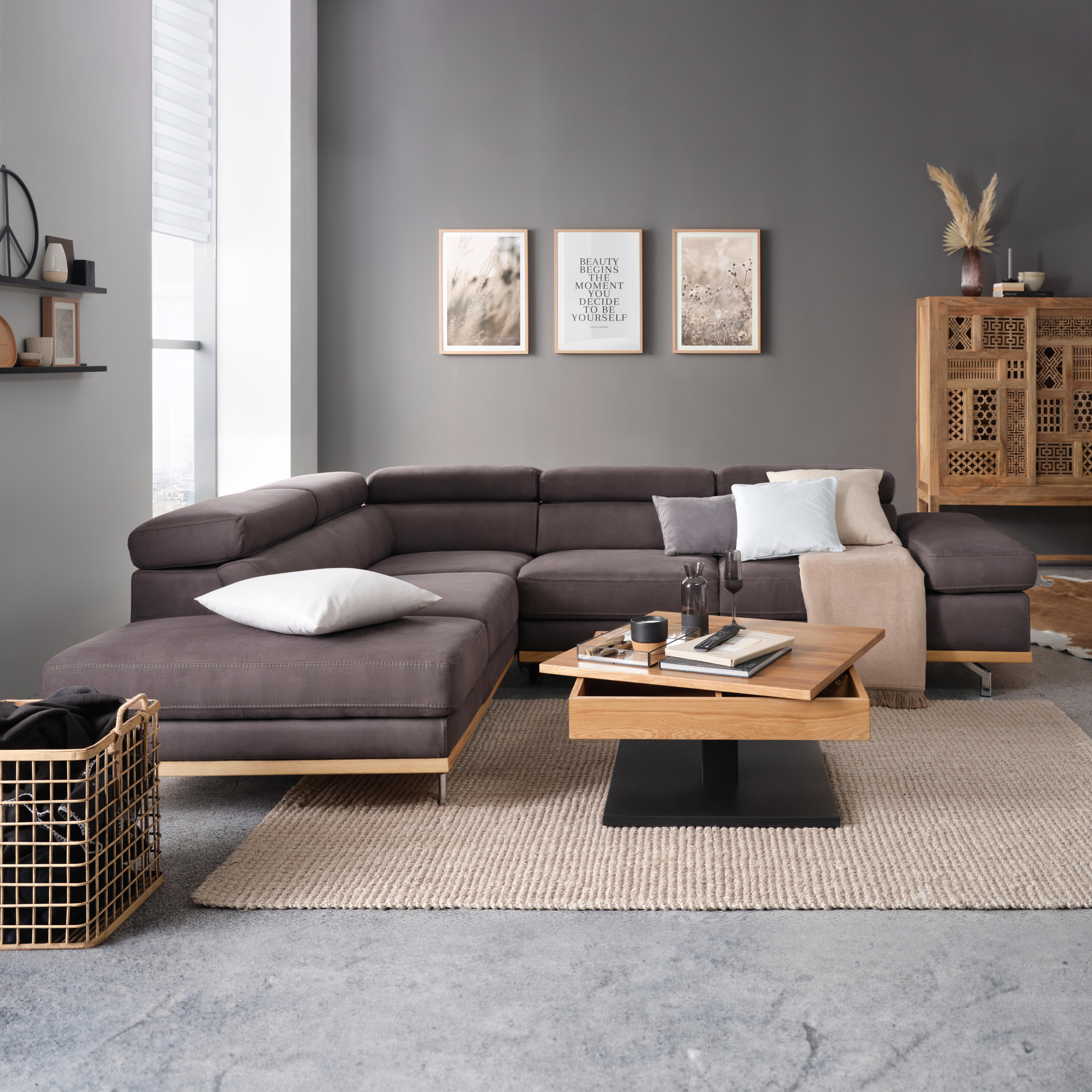 Ecksofa in Dunkelgrau mit Bettfunktion - Platinfarben/Chromfarben, Konventionell, Holz/Textil (292/93/226cm) - Premium Living