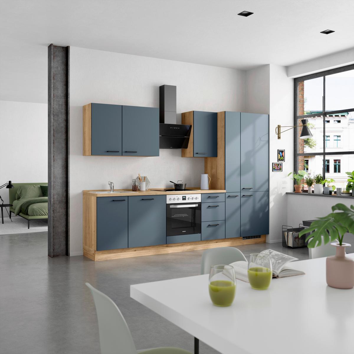 Küchenblock Easytouch High m. Geräten Dunkelblau - Eichefarben/Schwarz, MODERN, Holzwerkstoff/Metall (300cm) - Nobilia