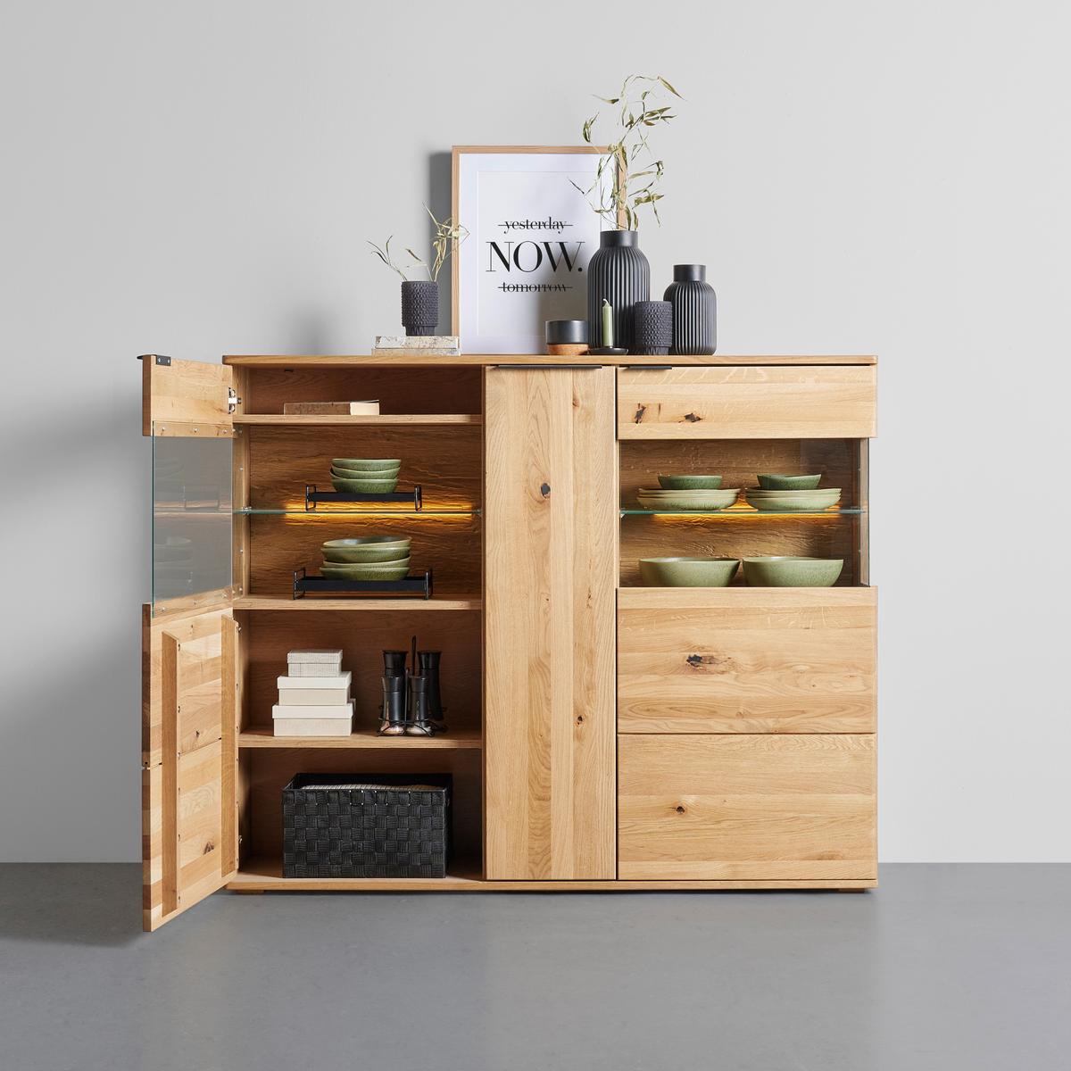 highboard in Wildeiche - Wildeiche/Schwarz, Konventionell, Glas/Holz (150/123/37cm) - Premium Living