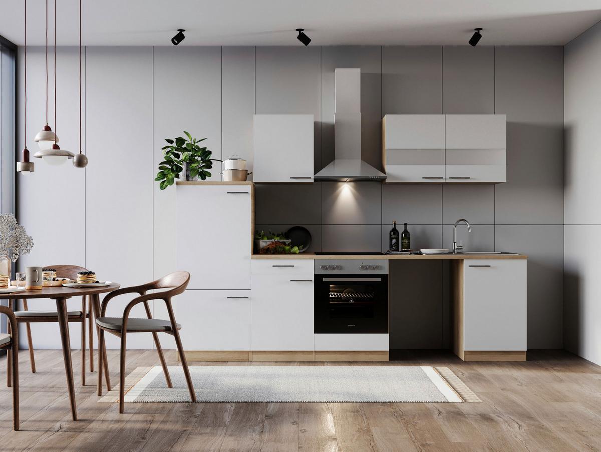 Küchenblock Merle m. Geräten Weiß - Edelstahlfarben/Eichefarben, Basics, Glas/Holzwerkstoff (280cm) - Respekta