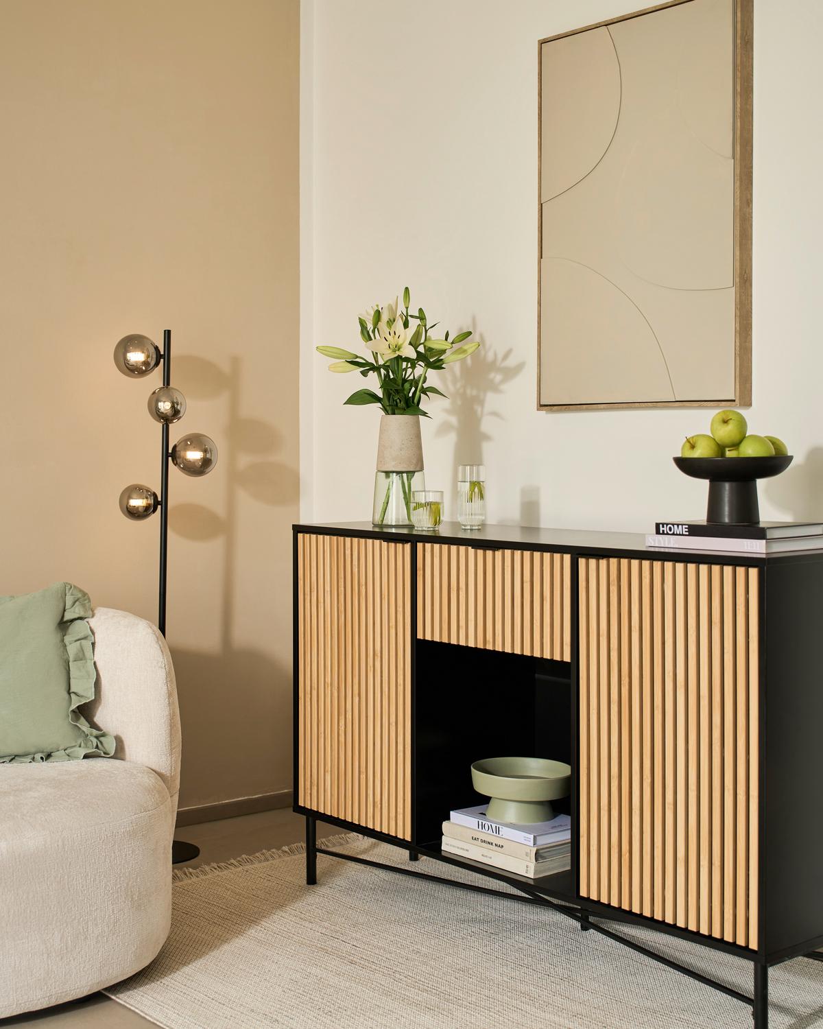 Sideboard Madrid Schwarz/Naturfarben massiv - Eichefarben/Schwarz, MODERN, Holz/Holzwerkstoff (143/90/40cm) - Mömax