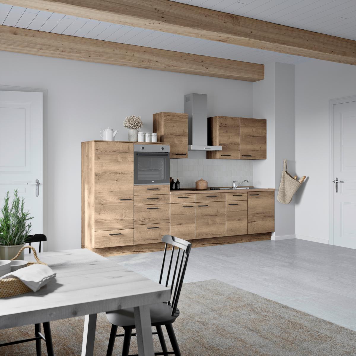 Küchenblock Structura Low m. Geräten Eiche dunkel - Eiche dunkel/Eichefarben, MODERN, Holzwerkstoff/Metall (330cm) - Nobilia