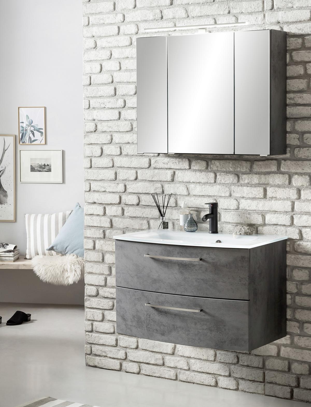 Badmöbel-Set 3-tlg inkl. LED Stockholm 80cm Weiß - Weiß/Grau, KONVENTIONELL, Holzwerkstoff (80cm) - Held