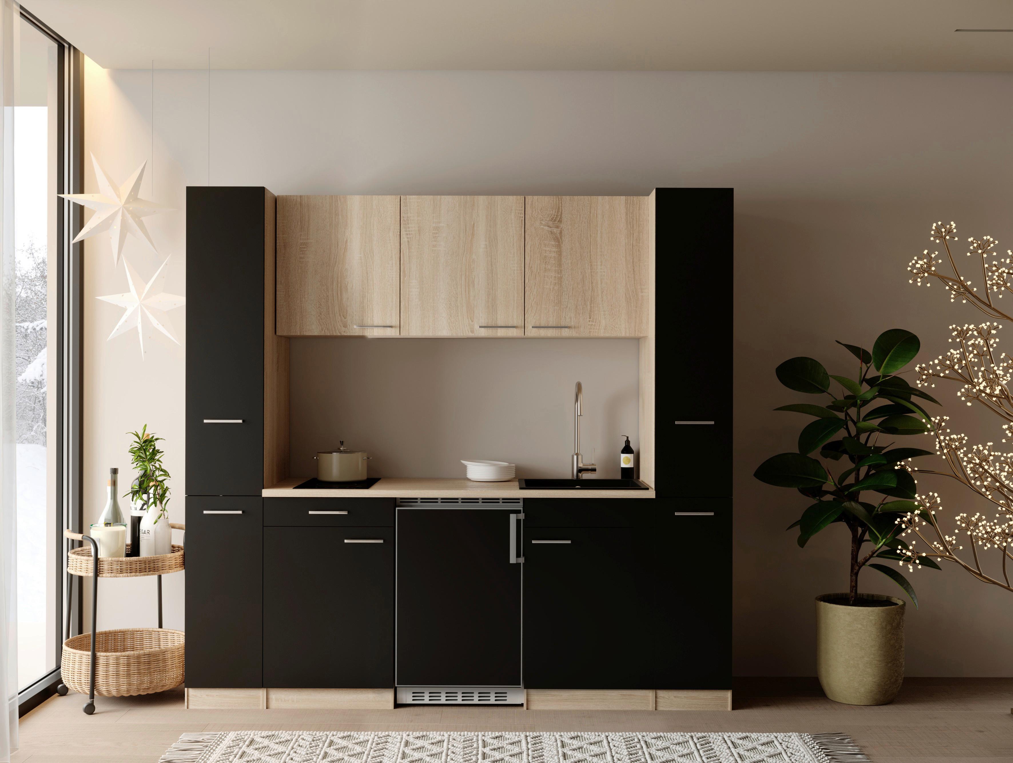 Küchenblock Ingrid m. Geräten Schwarz - Eichefarben/Schwarz, Design, Holzwerkstoff/Kunststoff (210cm) - Respekta