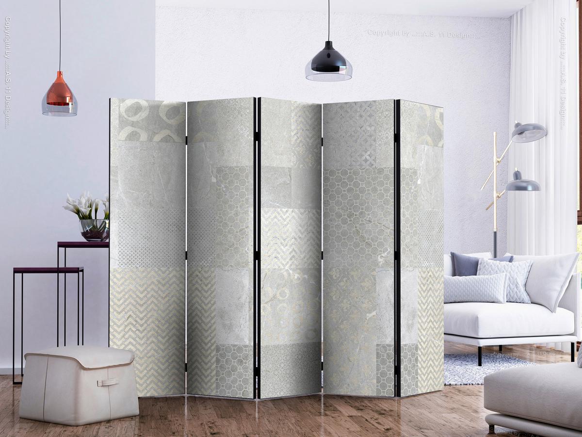 Paravan Tiles I, 5-Delni, Dvostranski - sivobež/svetlo siva, Basics, tekstil/les (225/172/3cm) - artgeist