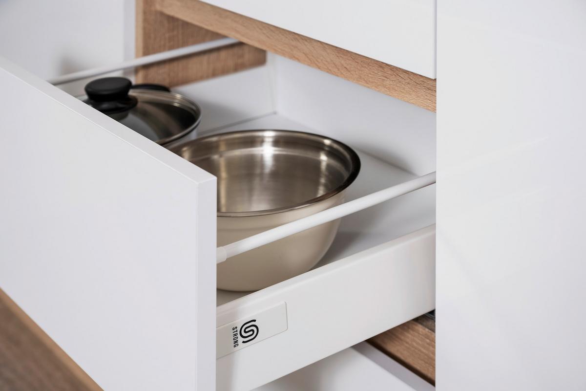 Küchenzeile Premium m. Geräte Weiß/Eiche Dekor B: ca. 330 cm - Eichefarben/Weiß Hochglanz, Basics, Holzwerkstoff (330cm) - Respekta