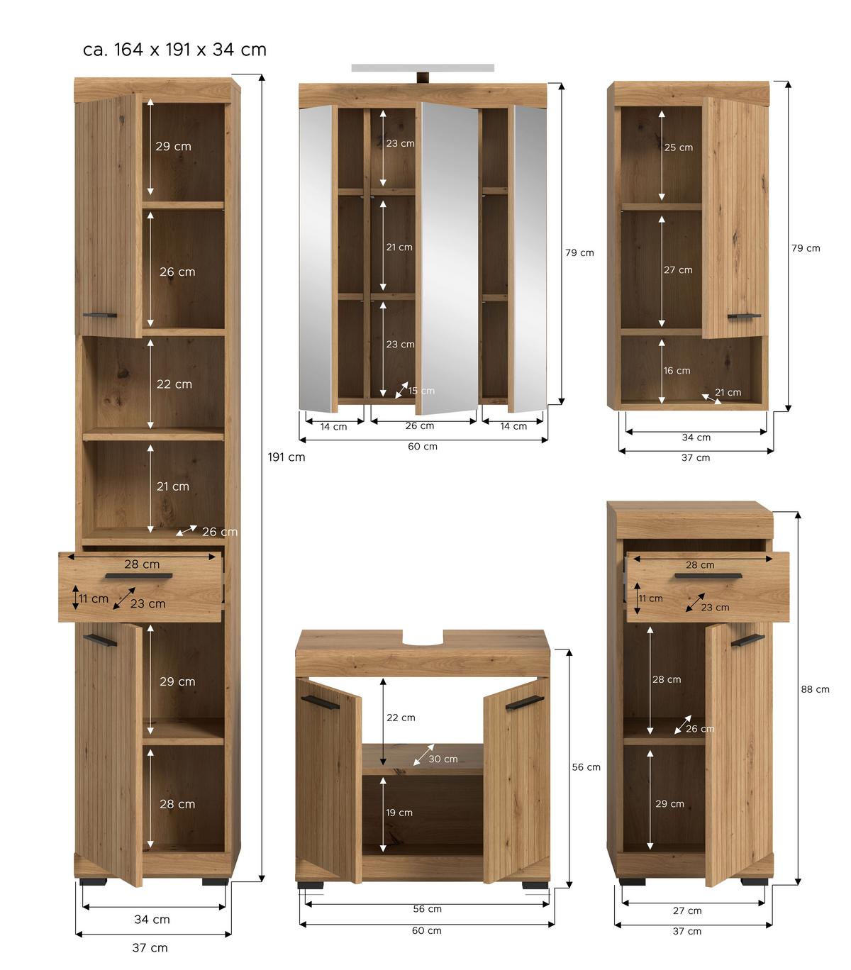 Badezimmer Scout Eiche Artisan 5-teilig - Schwarz/Eiche Artisan, Trend, Glas/Holzwerkstoff (134cm) - MID.YOU