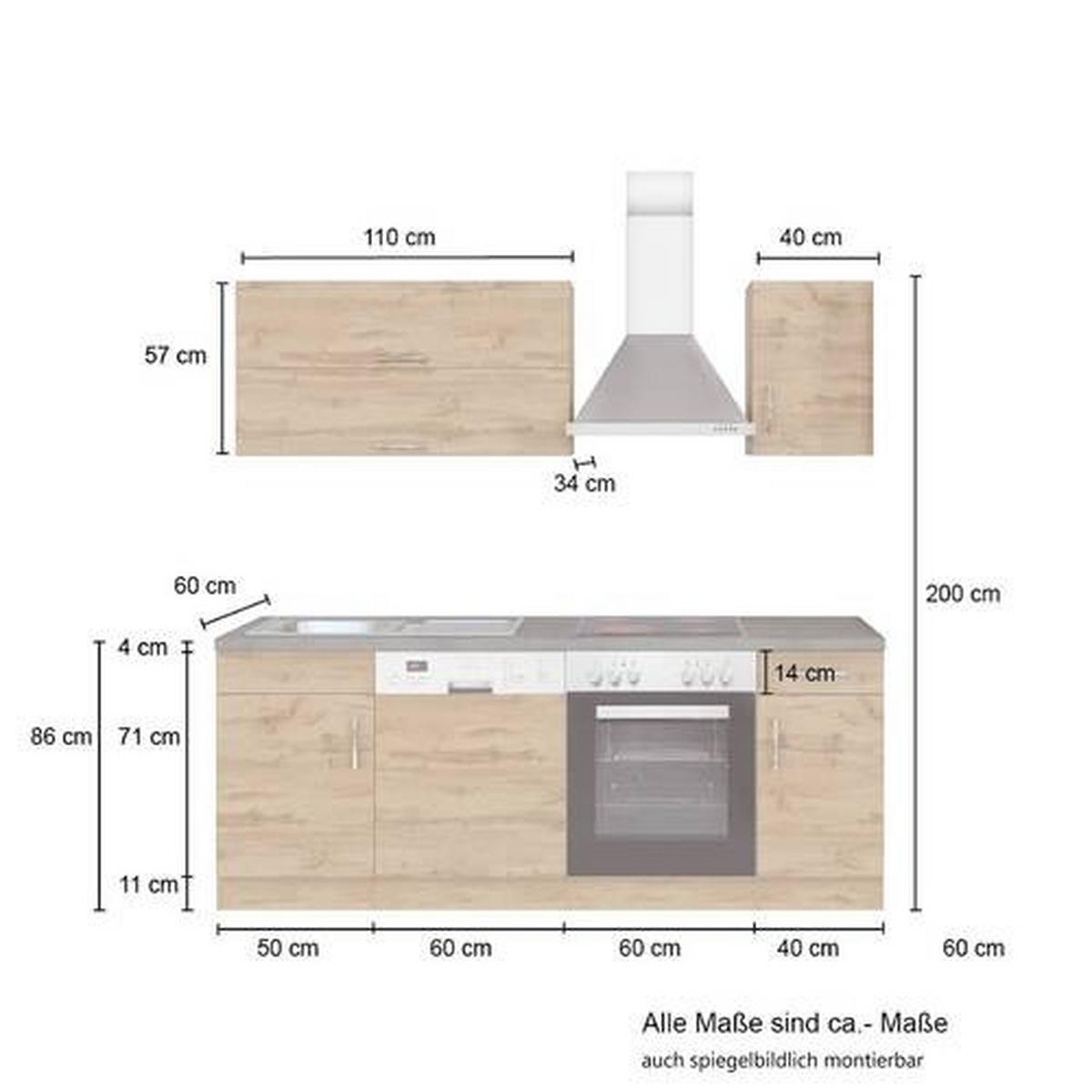 Küchenblock Sorrento mit Geräten ca. 210 cm Eichefarben - Chromfarben/Schieferfarben, MODERN, Holzwerkstoff/Metall (210cm) - Held