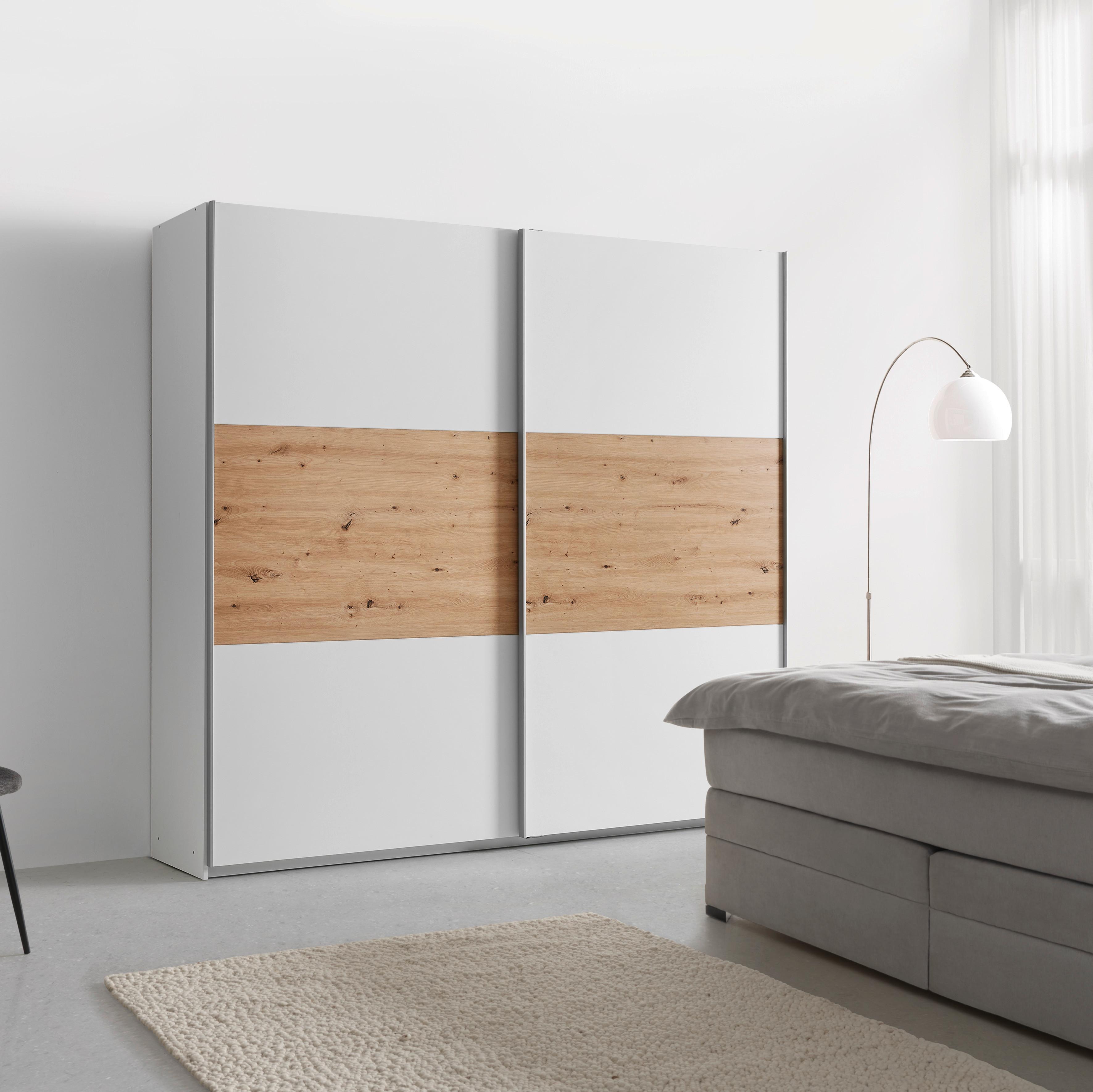 Schwebetürenschrank Saturn in Weiß/Eiche Artisan - Silberfarben/Weiß, KONVENTIONELL, Holzwerkstoff/Metall (218/210/59cm) - Mömax
