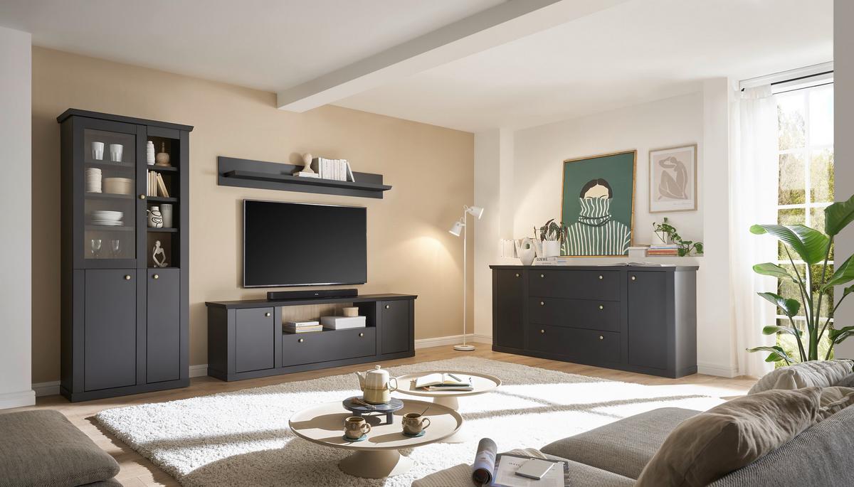 Wohnwand Lincoln Schwarz/Eichefarben B: 301cm - Eichefarben/Messingfarben, Design, Holzwerkstoff/Metall (301/200/42cm) - MID.YOU