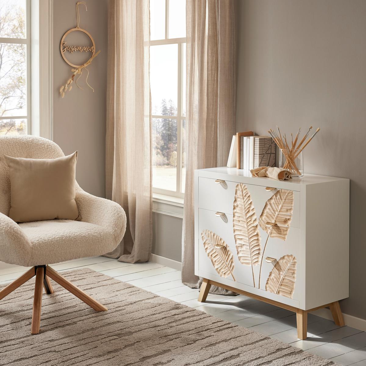 Kommode Leafs Natur/Weiß - Goldfarben/Naturfarben, LIFESTYLE, Holz/Holzwerkstoff (80/76/34cm) - Zandiara