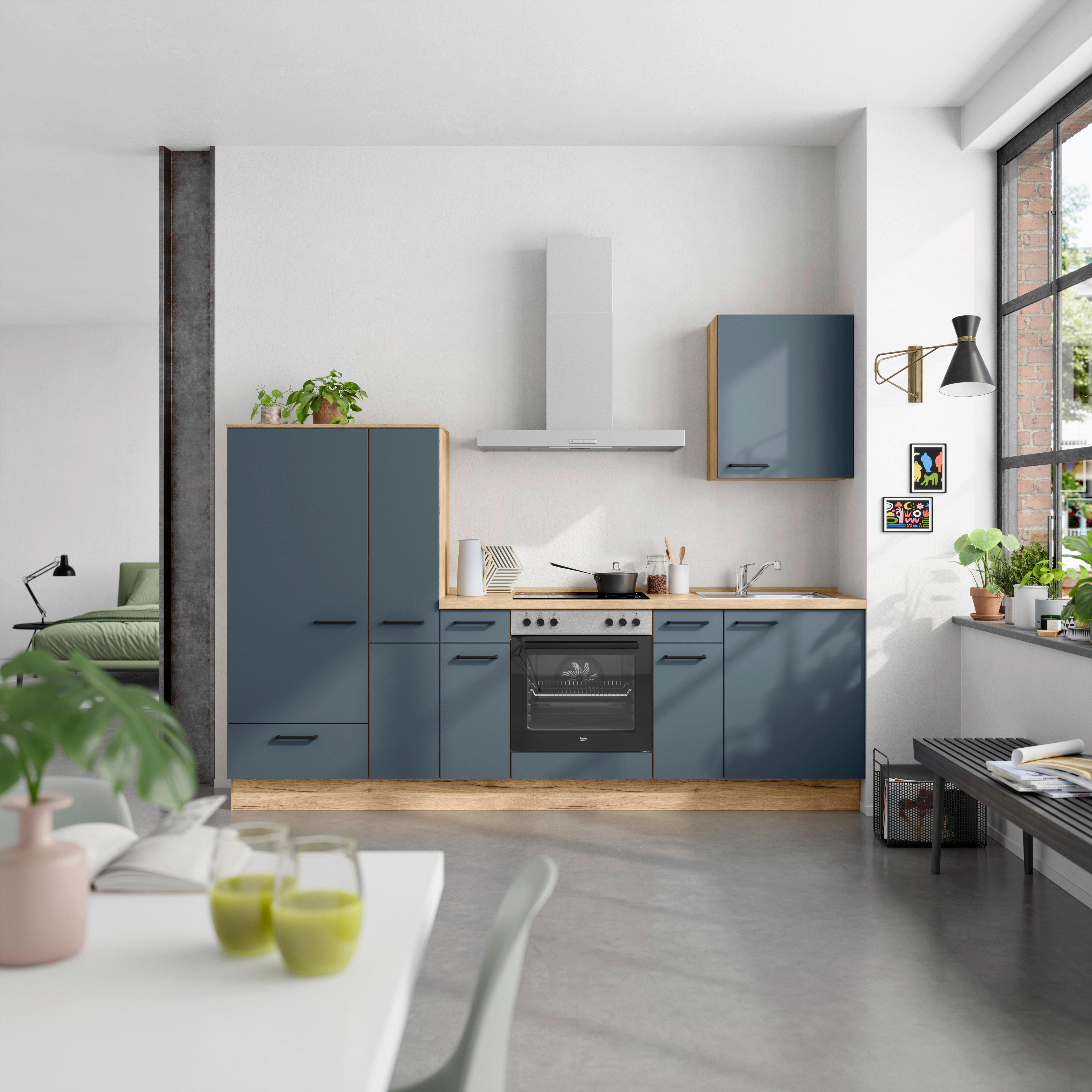 Küchenblock Easytouch Low m. Geräten Dunkelblau - Eichefarben/Schwarz, MODERN, Holzwerkstoff/Metall (270cm) - Nobilia