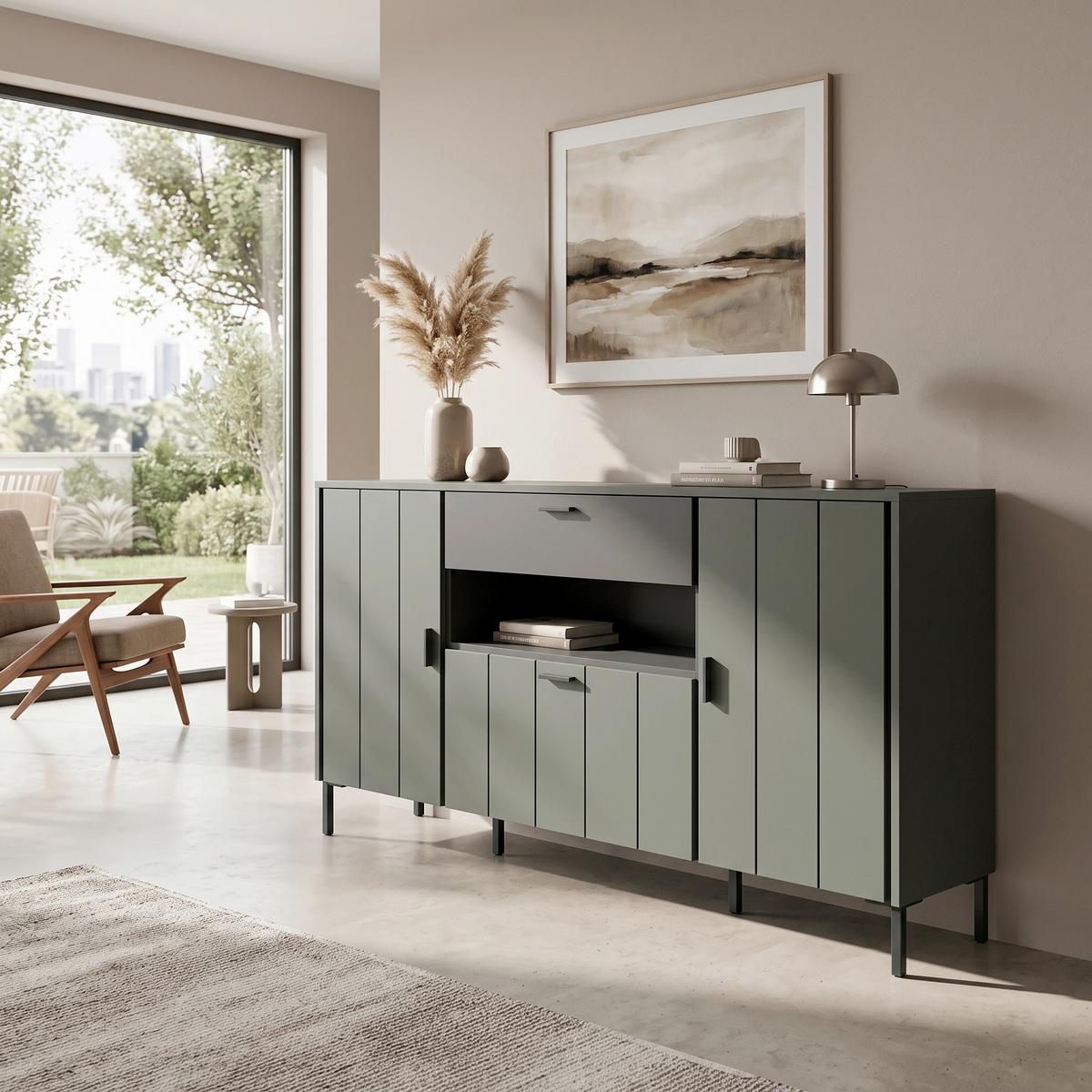 Komoda Shirley - siva/zelena, Design, drvni materijal/metal (173,2/84,8/40cm) - Modern Living
