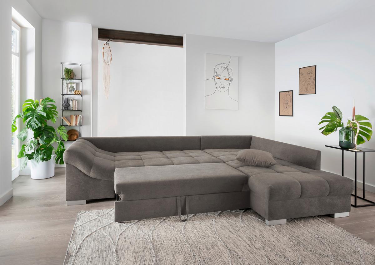 Wohnlandschaft Alvito Graubraun Nylon/Mikrofaser - Graubraun/Silberfarben, Design, Holz/Textil (298/202cm) - MID.YOU