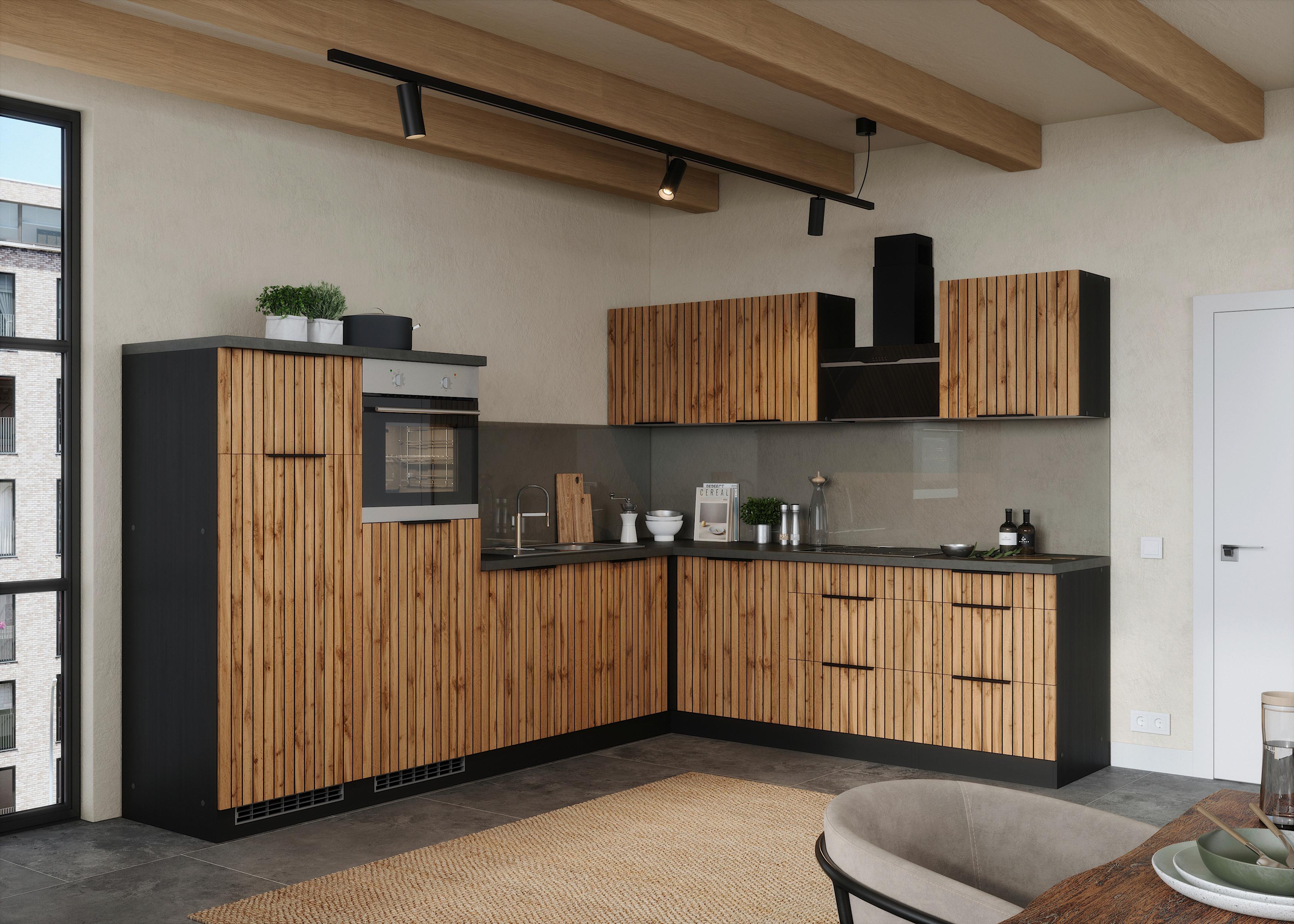 Eckküche Liverpool m. Geräte ca. 300x240cm Eiche - Schieferfarben/Eiche Wotan, Basics, Holzwerkstoff/Metall (300/240cm) - Held