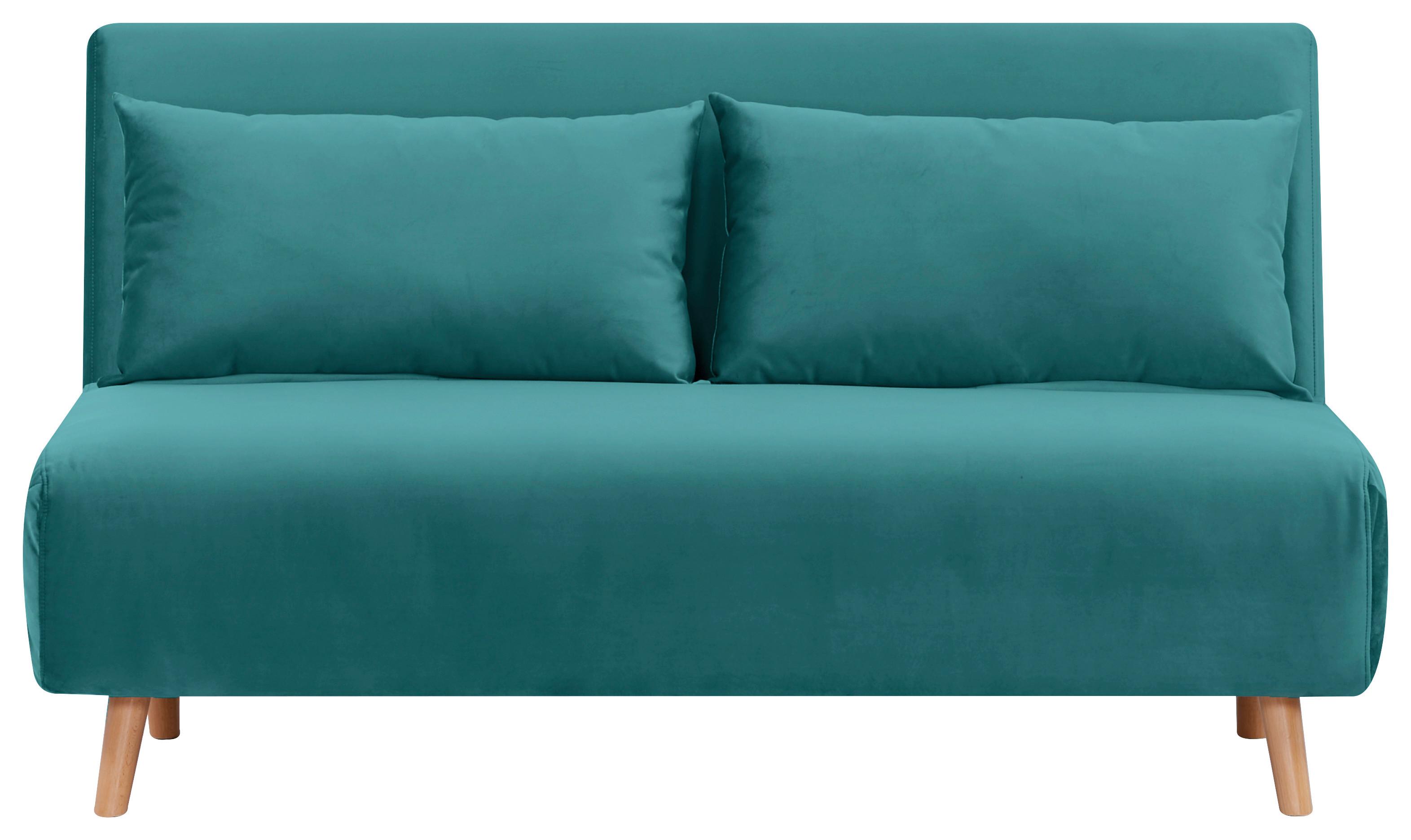 SOFA Z FUNKCJĄ SPANIA RAFAELA - petrol/kolor naturalny, Design, tkanina/drewno (141/81/90cm) - Carryhome