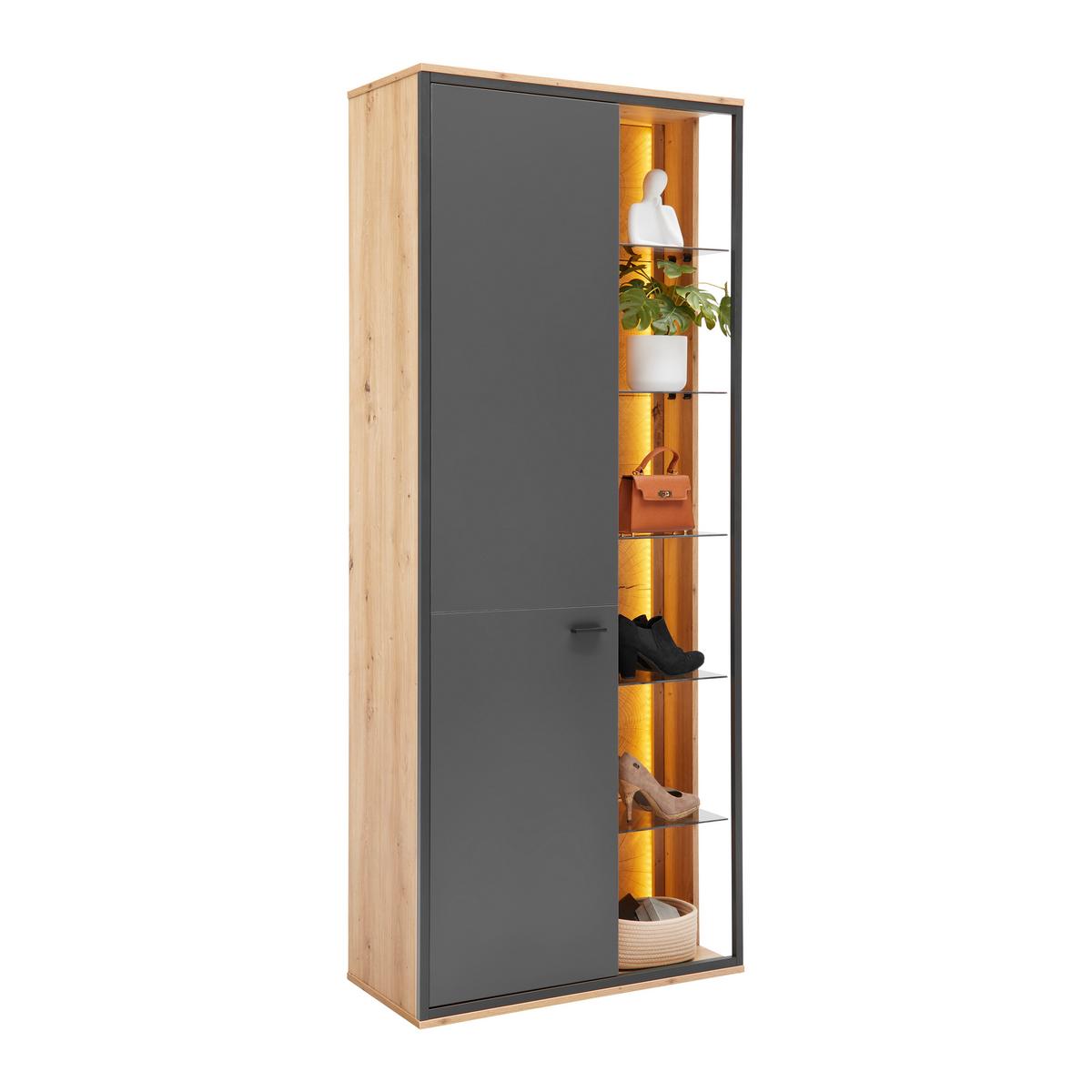 Garderobenschrank Florenz Grau/Eiche Artisan - Schwarz/Eiche Artisan, Modern, Glas/Holzwerkstoff (79/196,2/37,3cm) - Premium Living