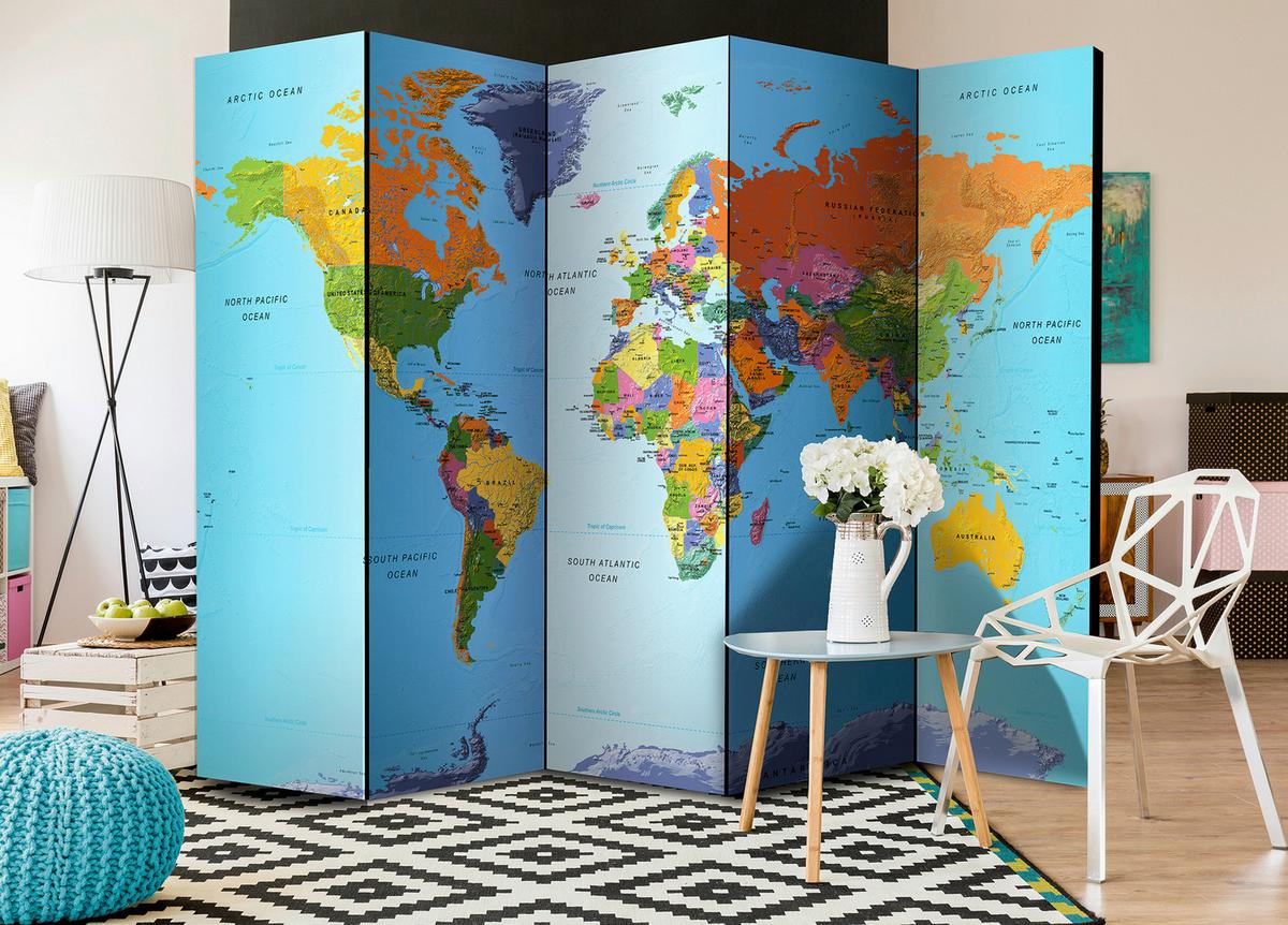 Paravan Colourful Geography I, 5-Delni, Dvostranski - večbarvno, Basics, tekstil/les (225/172/3cm) - artgeist