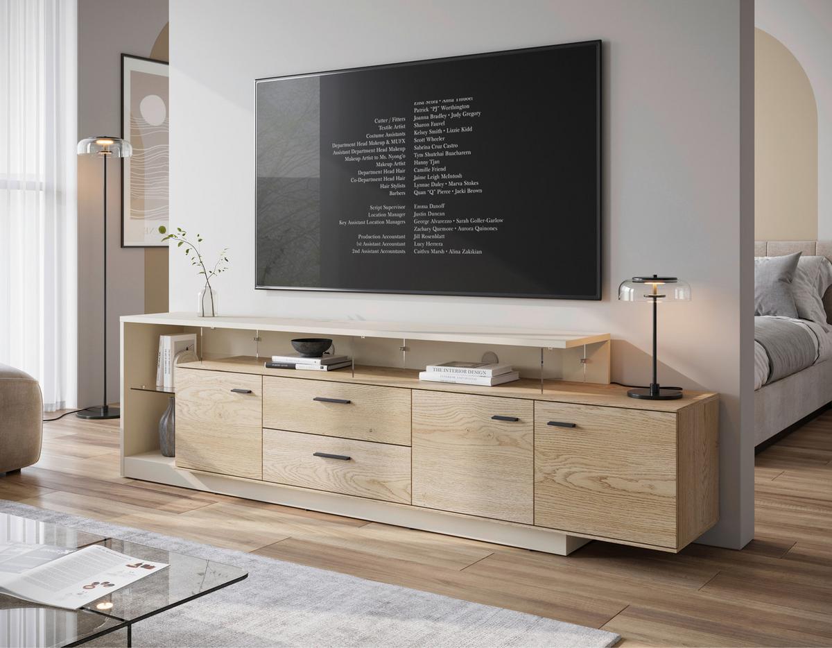 Comodă TV LAGOON - cașmir/culoare lemn stejar, Modern, sticlă/material pe bază de lemn (236,4/65,5/40cm) - Modern Living